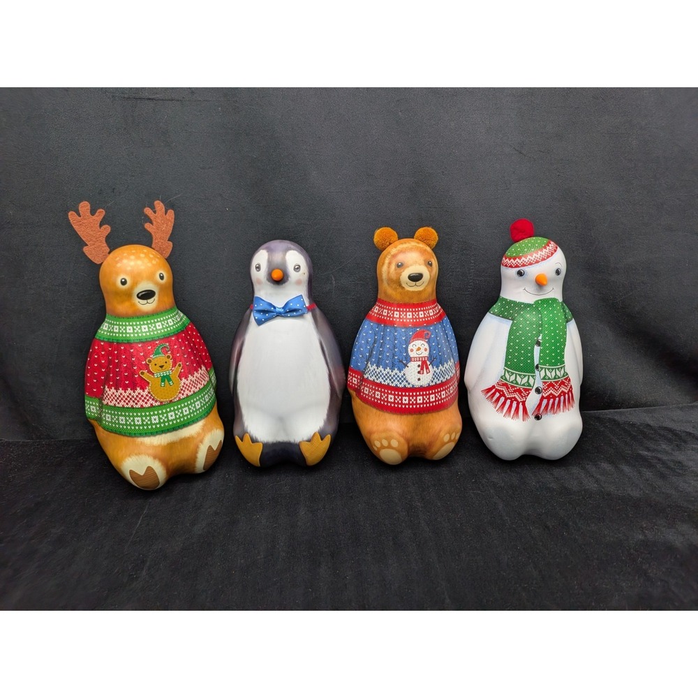 Lot 4 Silver Crane Company Bear Reindeer Penguin Snowman Metal Box Empty Tins